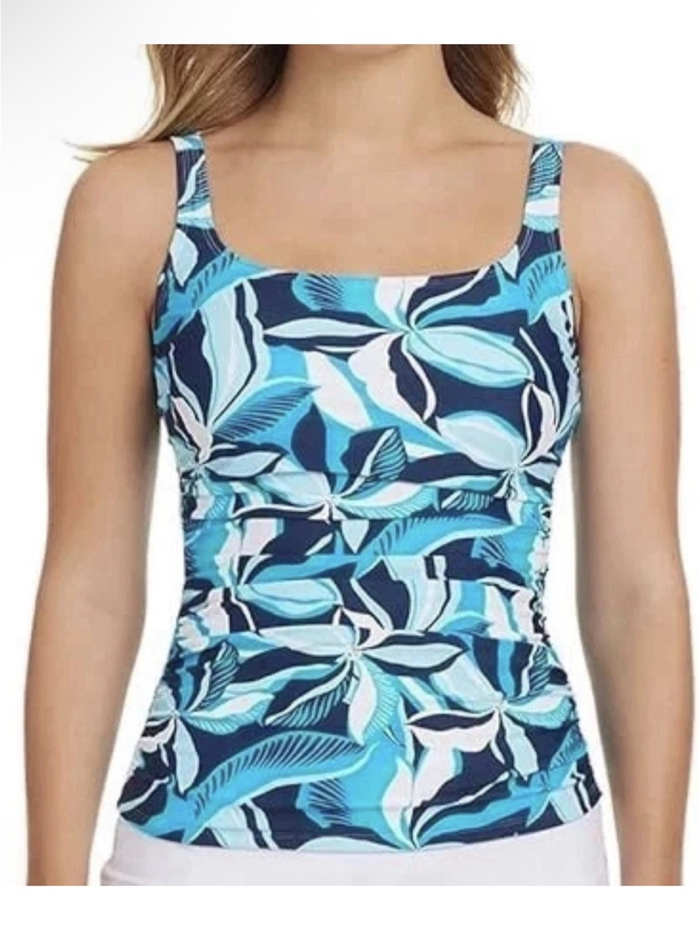 Ellen Tracy Blue Tropical Adjustable Straps Swim Tankini Top